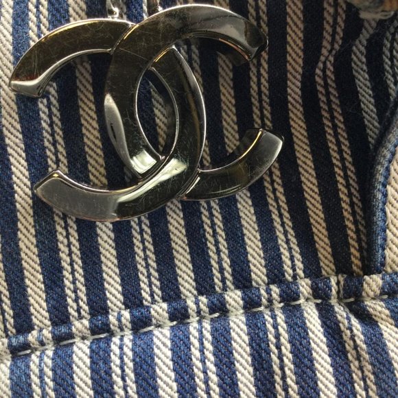 Chanel Striped Chambray Blue & Beige Canvas Tote - Picture 8 of 9